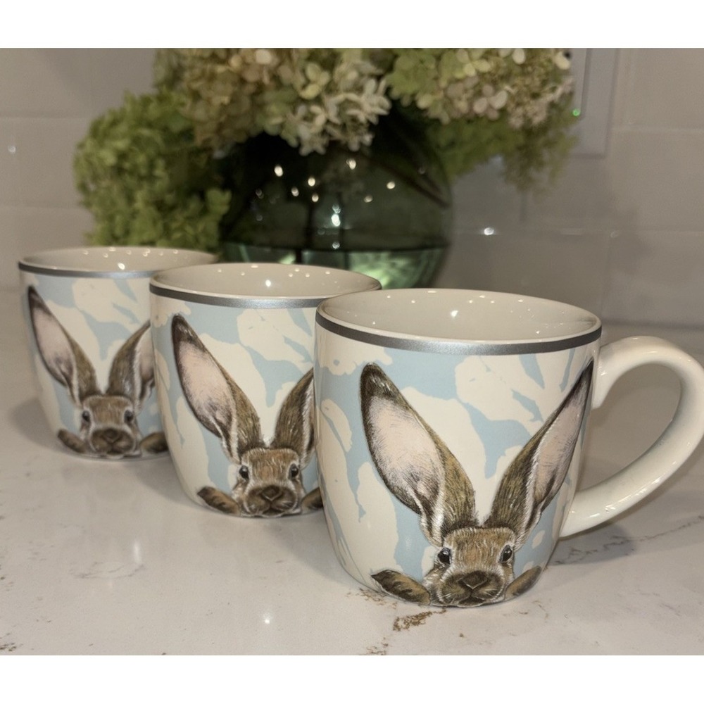 3 Williams Sonoma Blue Damask Easter Bunny Rabbit Coffee Mugs 10oz Stoneware